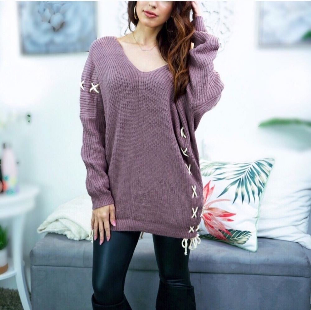 Dusty Mauve Lace Up Oversized Sweater 🎉HOST PICK🎉 - Picture 6 of 9